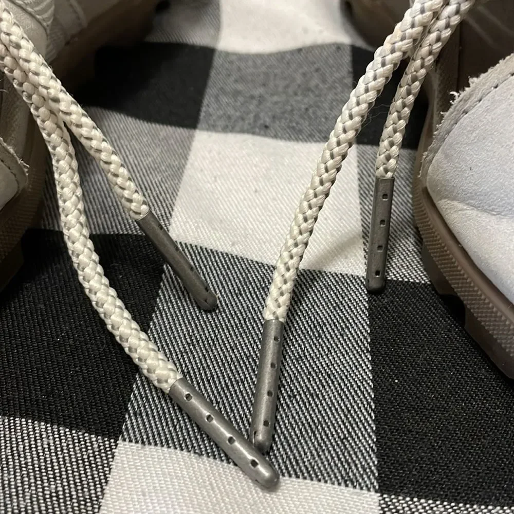 SOREL Joanie Lace Sandals Women's 9.5 Gray Leather Canvas Peep Toe Wedge Lug